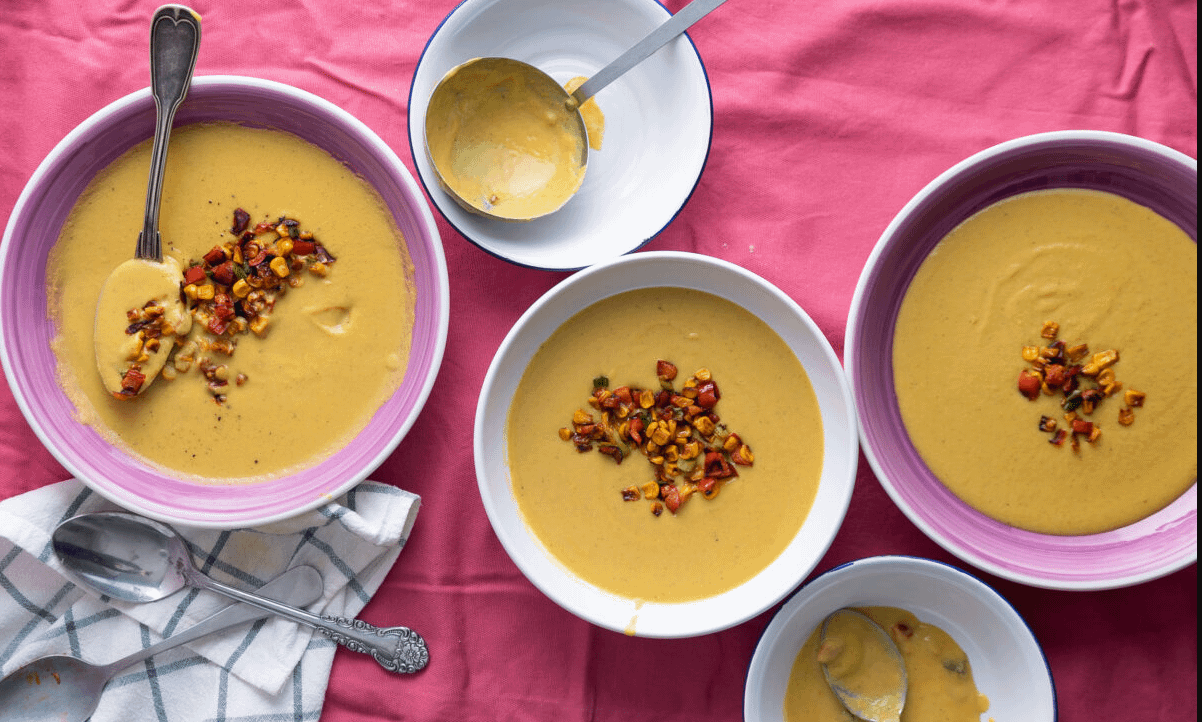 Velvet corn soup - potato with crispy topping corn vegan recipe
